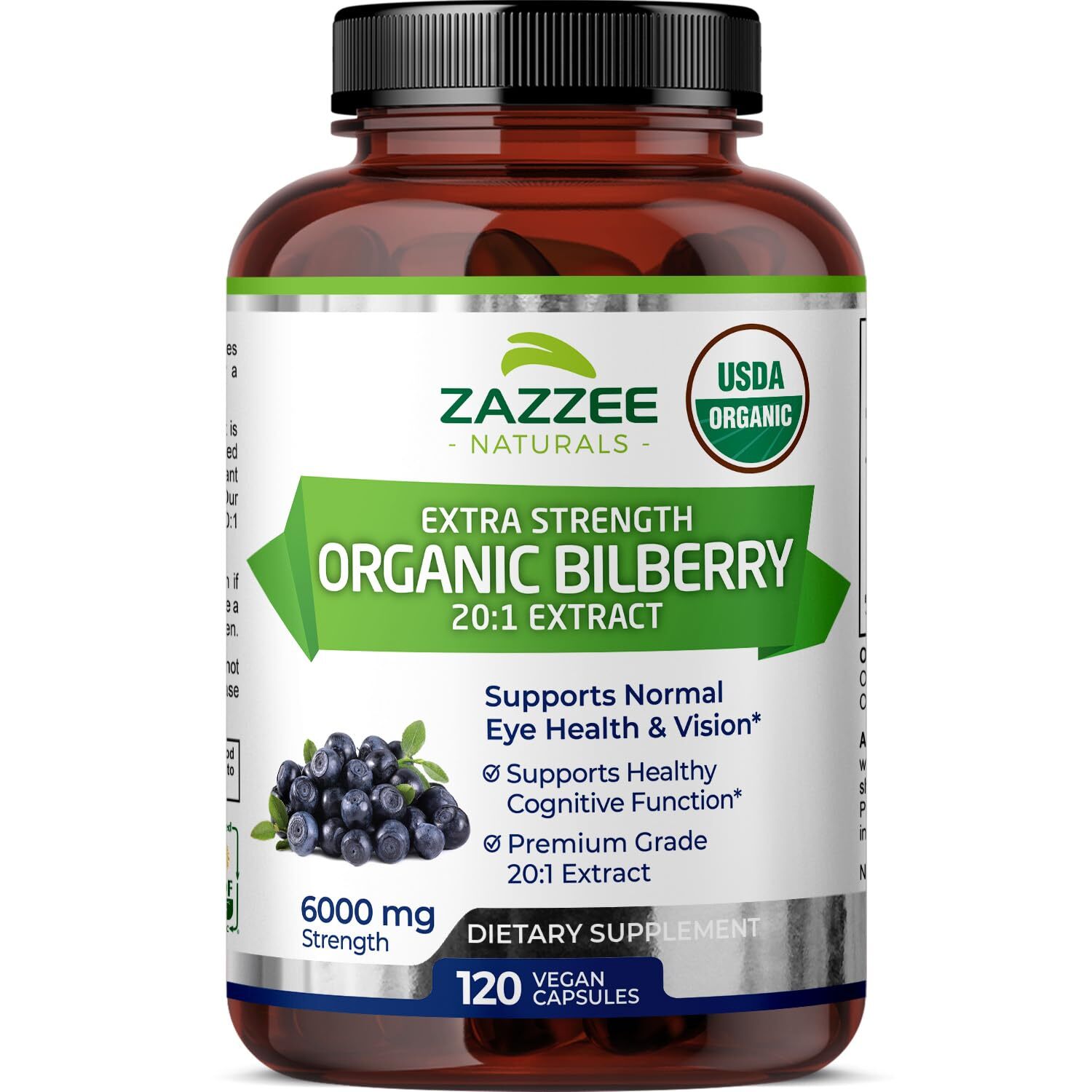Zazzee USDA Organic Bilberry 201 Extract 6000 mg Strength 120 Vegan Capsules …