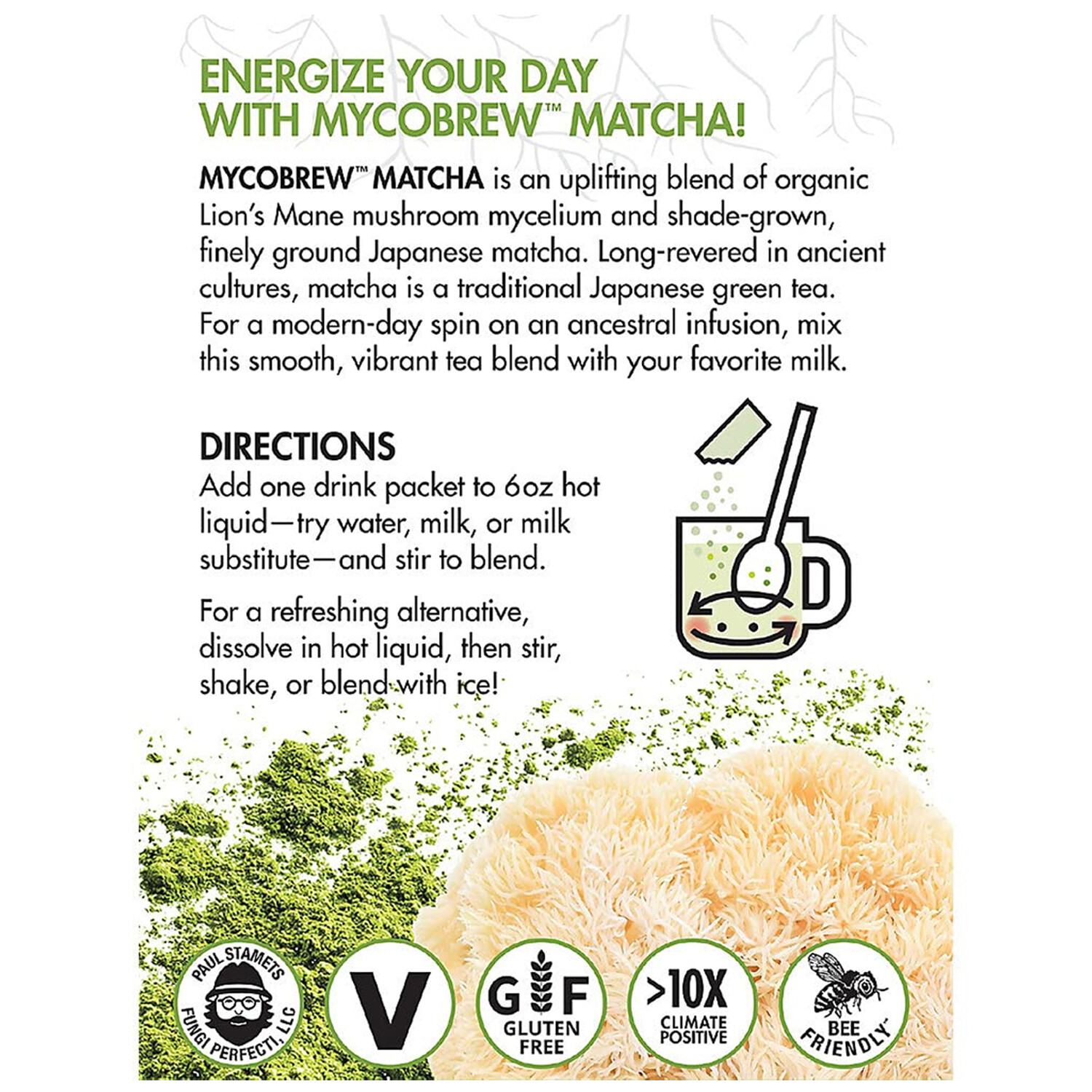 Host Defense Mushrooms MycoBrew Matcha Certified Organic Drink Mix, 1 Ounce