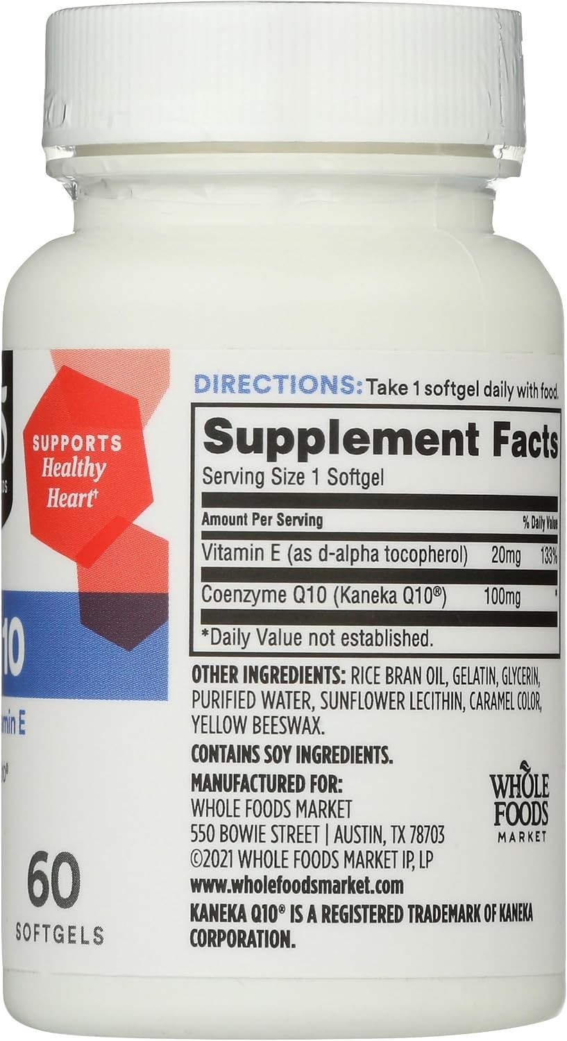 365 Whole Foods Market CoQ10 100mg + Vitamin E 20mg 30 Softgels Heart Health