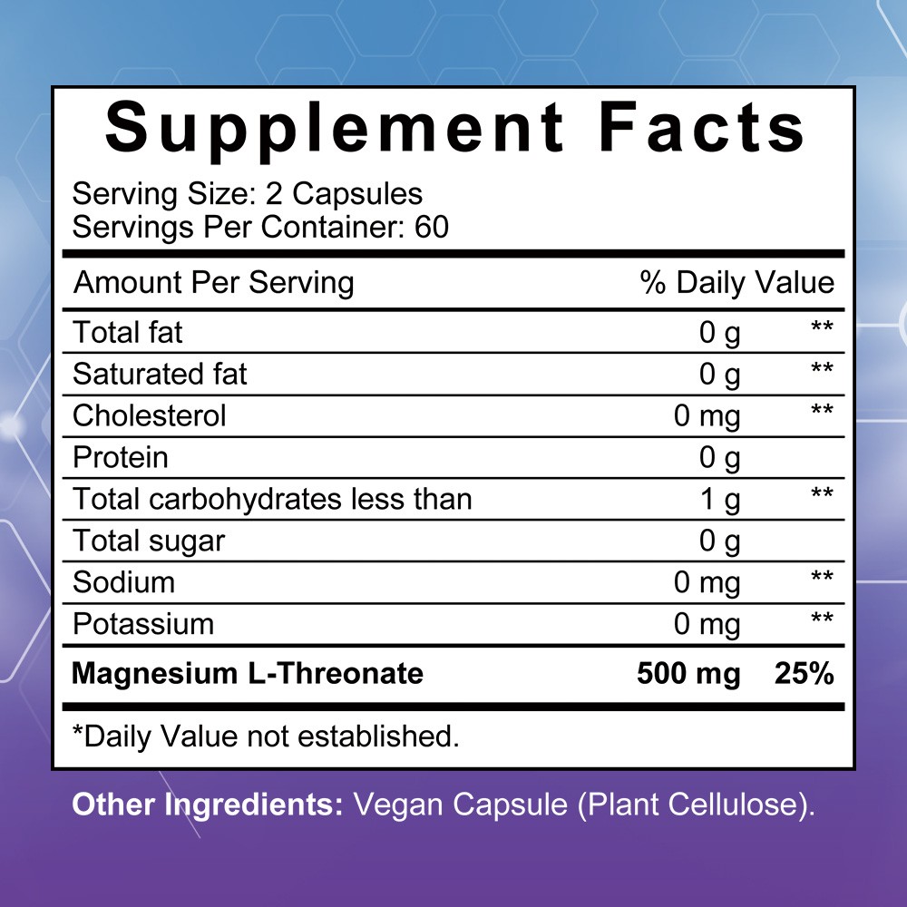 Magnesium L-Threonate 500mg – Supports Brain Health, Relaxation 30/60/120Caps