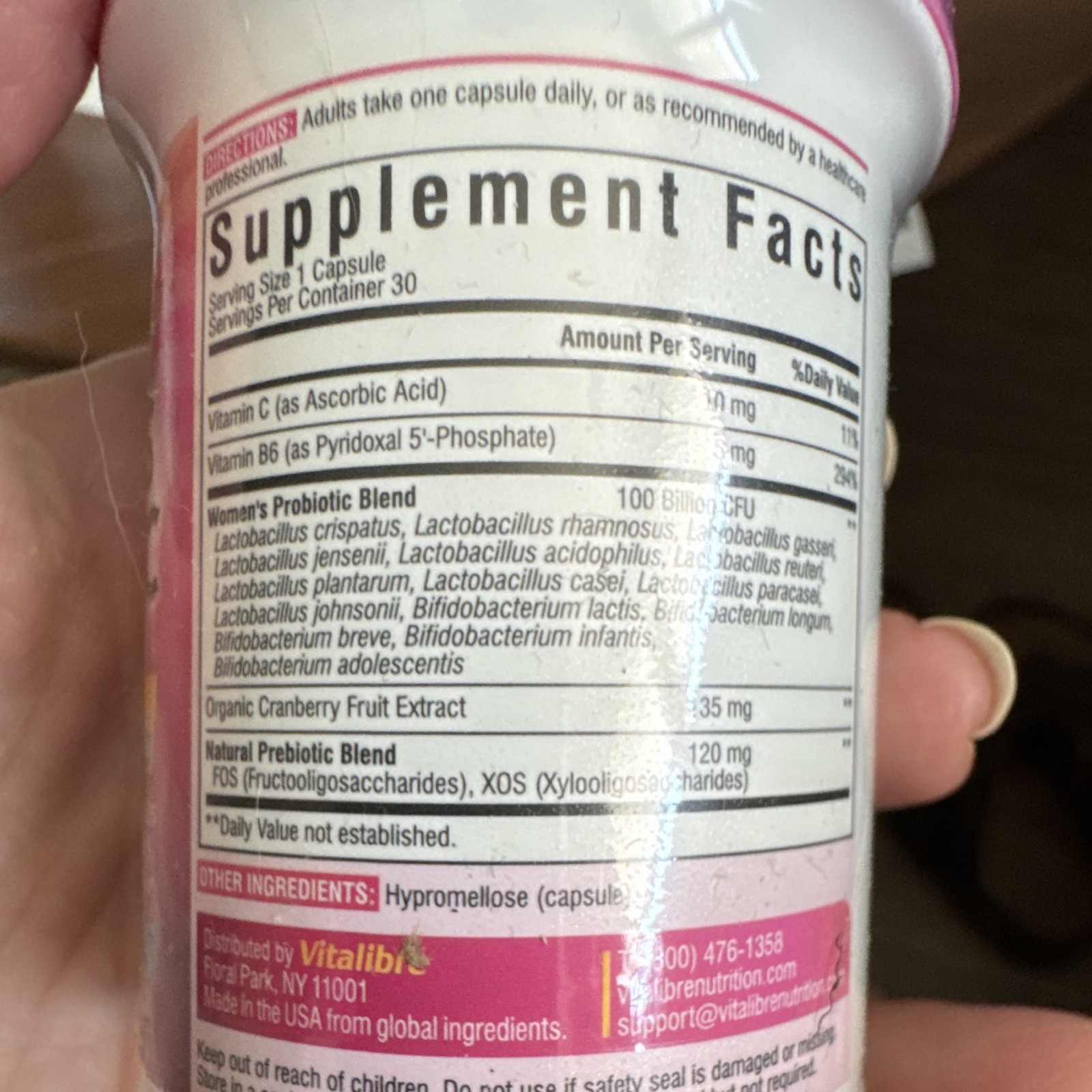 Vitalibre Women’s Probiotic 100B CFU 15 Strains Cranberry Vit C B6 30 Caps Exp …