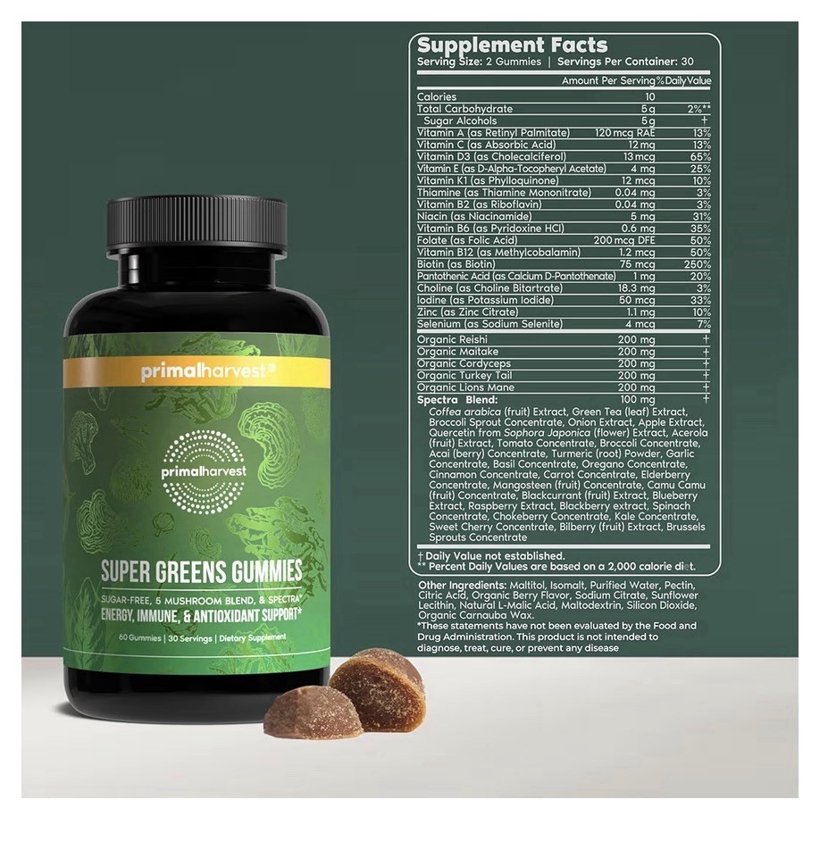 Primal Harvest Super Greens 60 Gummies Superfood Blend Antioxidant Immune Energy