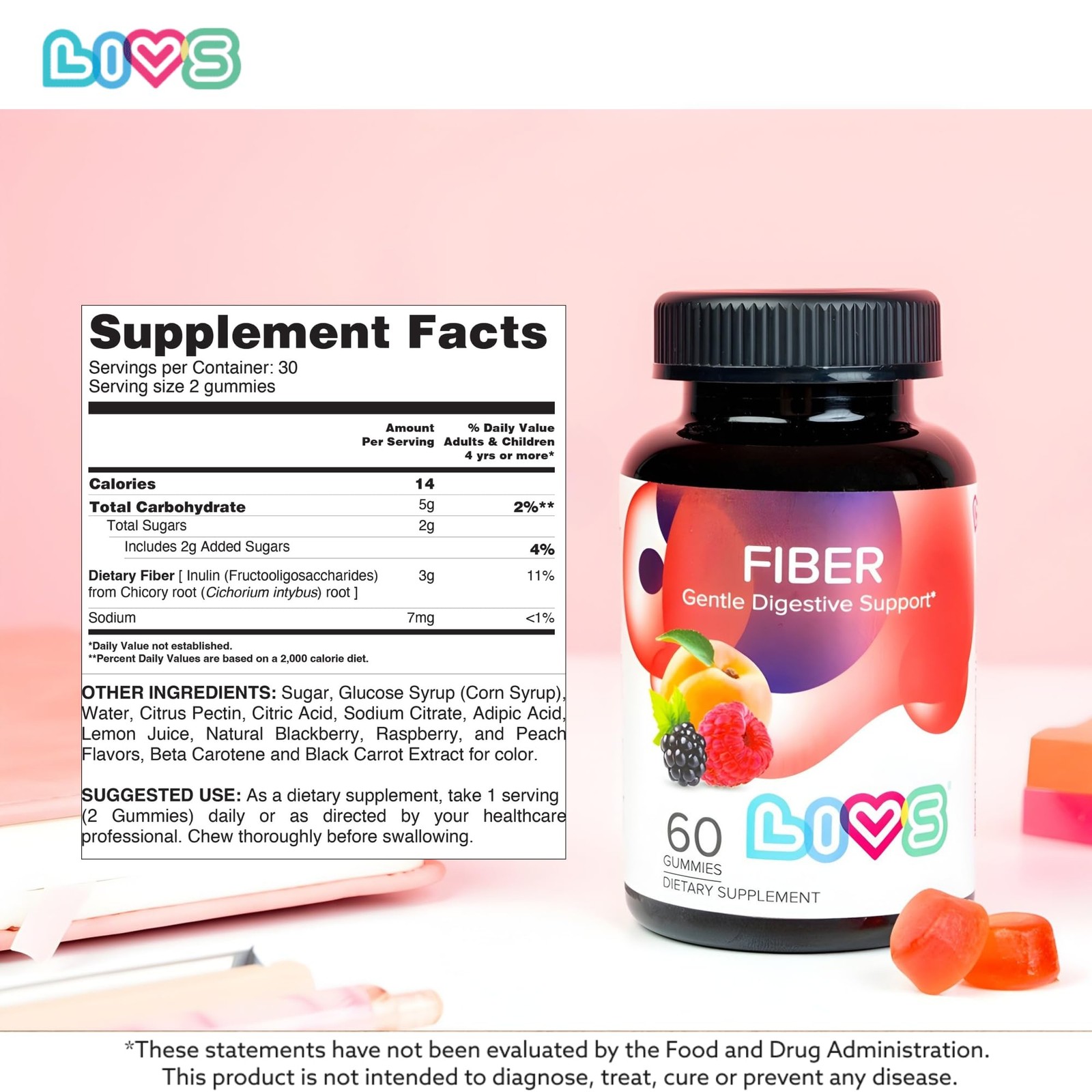 LIVS Fiber Gummies for Adults – Promote 60 Count (Pack of 1), Natural