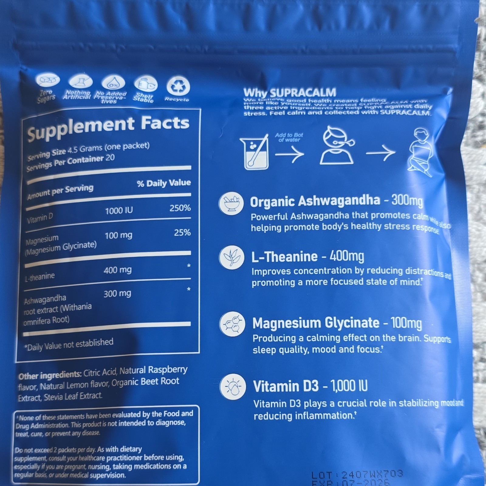 SUPRACALM Adaptogenic Drink Mix Raspberry Lemonade 20 Packs D3 L-Theanine