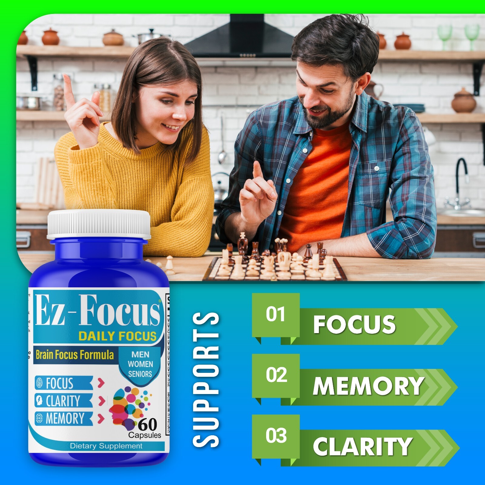 EZ-Focus Brain Booster Supplement & Focus Vitamins for Seniors and Adults 60Caps