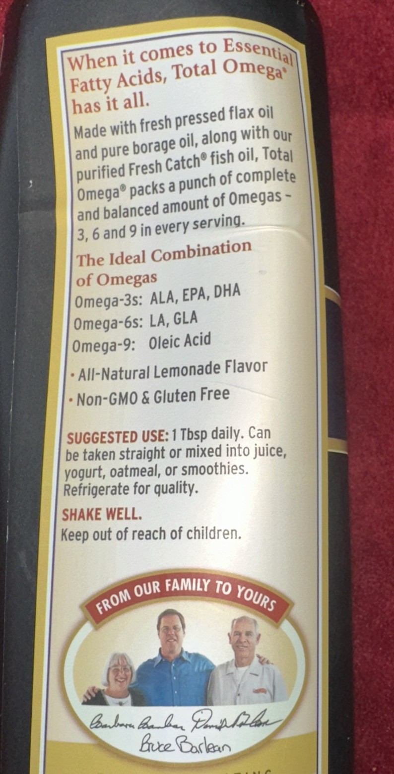 Barlean’s Total Omega 3-6-9 Lemonade EPA, DHA, GLA Joint Support, Heart 16 Fl Oz
