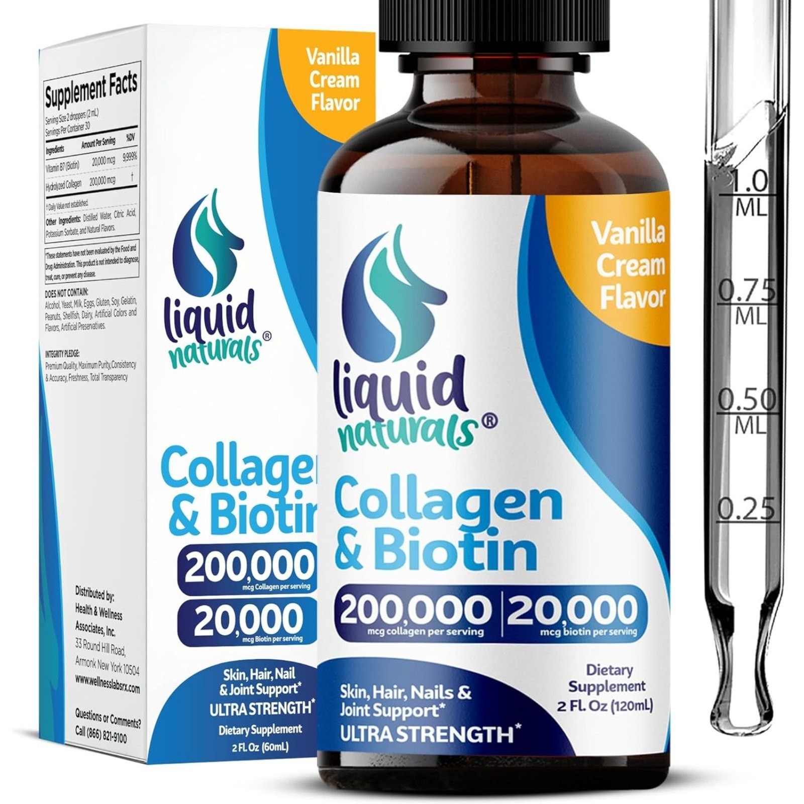Liquid Collagen and Biotin, 2 Fl. Oz, Ultra-Strength Collagen Peptides for Women