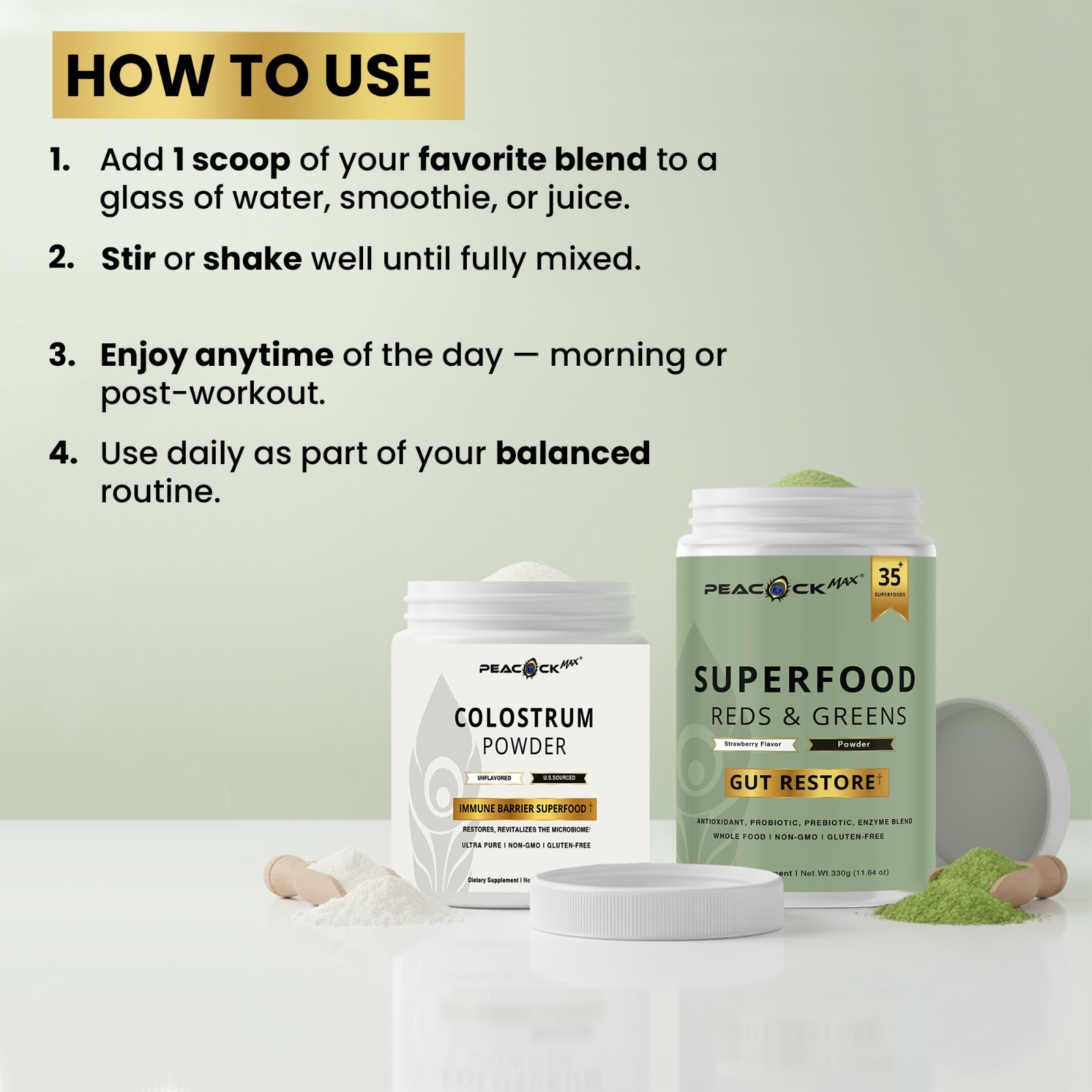 peacock max Superfood Reds & Greens 11.64 oz & Colostrum Powder 60g