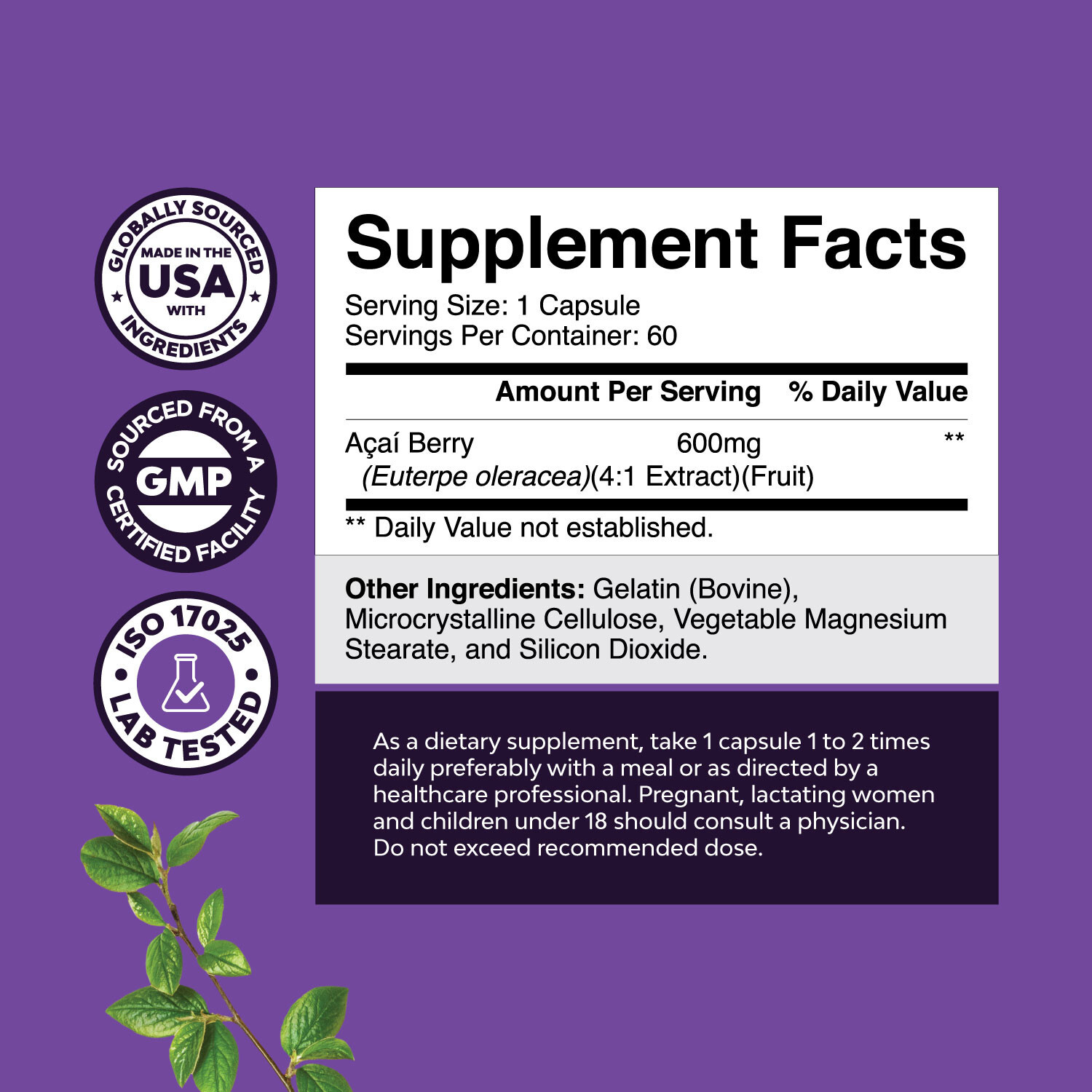 Acai Berry Antioxidant Support Weight Loss Supplement for Women and Men 60ct
