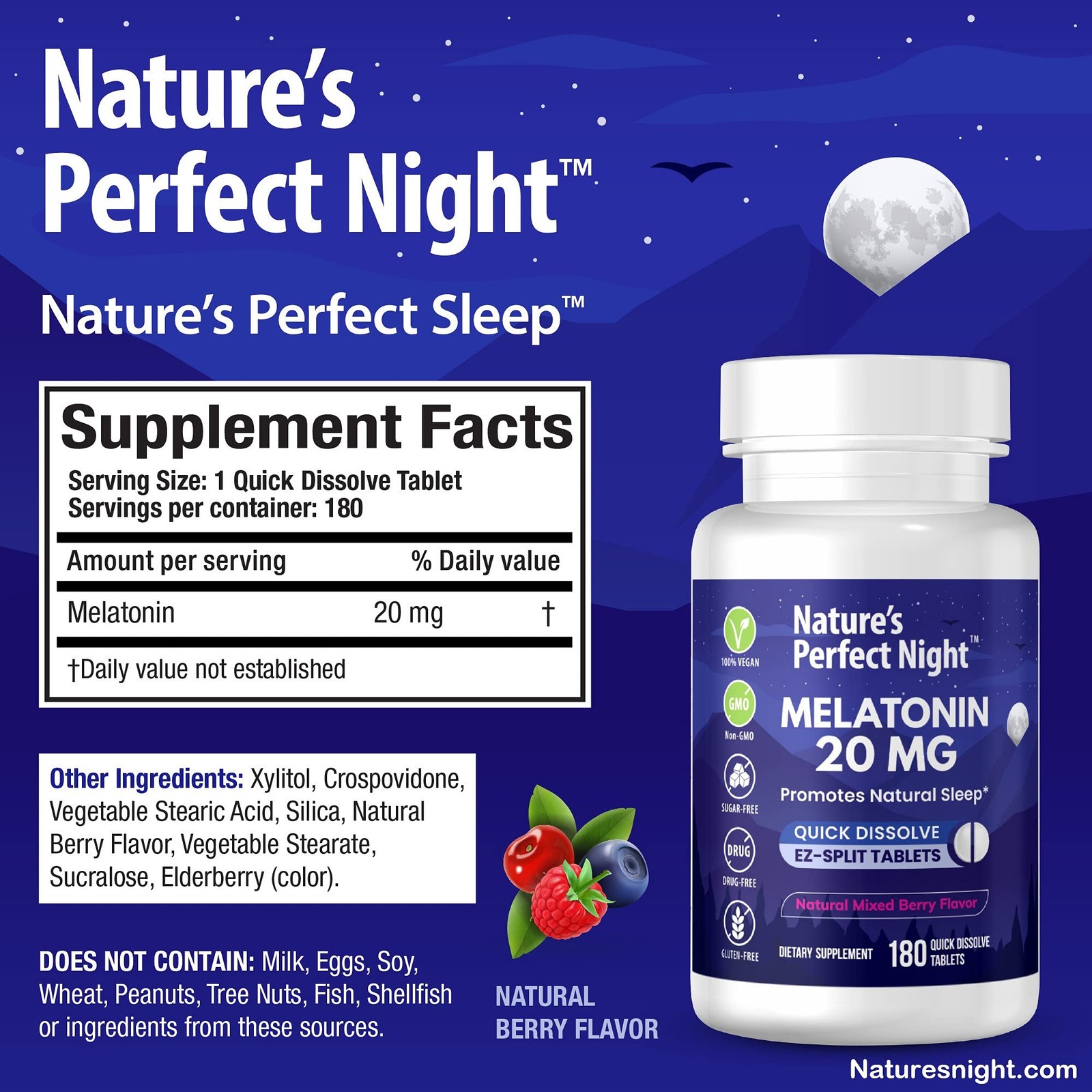 | Melatonin 20mg | 180 Quick Dissolve Tablets | Natural Mixed Berry Flavor |H…