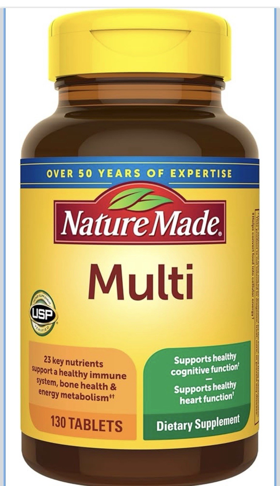 Nature Made Multivitamin 130 Tablets Gluten-Free USP Verified Vitamin A-E Iron