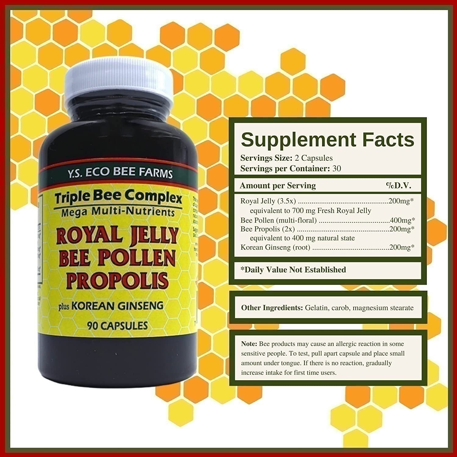 Y.S. Eco Bee Farms Royal Jelly Bee Pollen Propolis w/ Korean Ginseng – 90CT