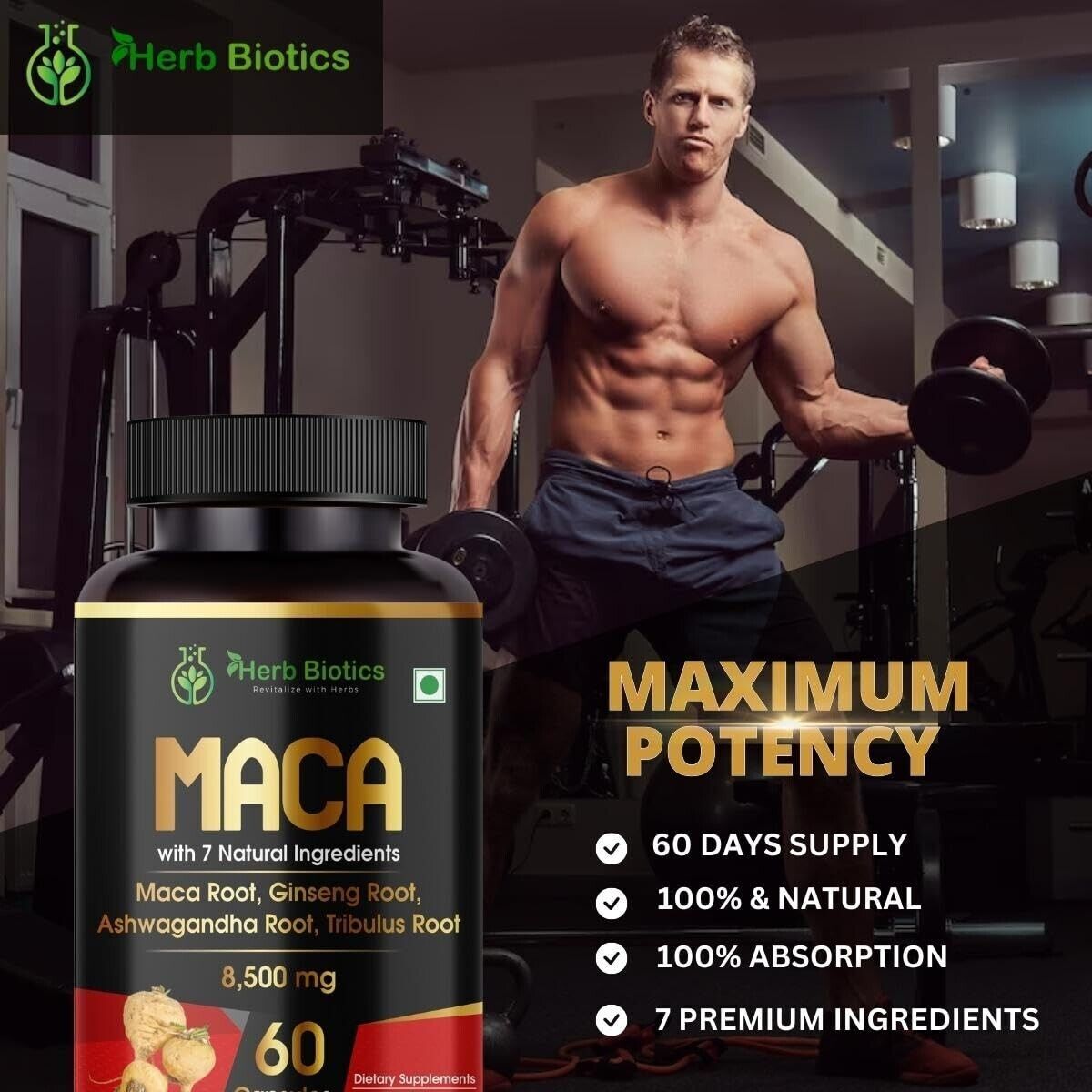 Maca Root Capsules 8500mg for Boost Energy Male Stamina & Performance 60Ct.