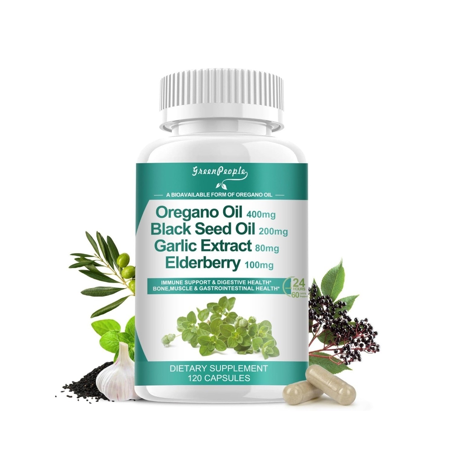 Oregano Oil Black Seed Garlic Elderberry Supplement 120 Capsules