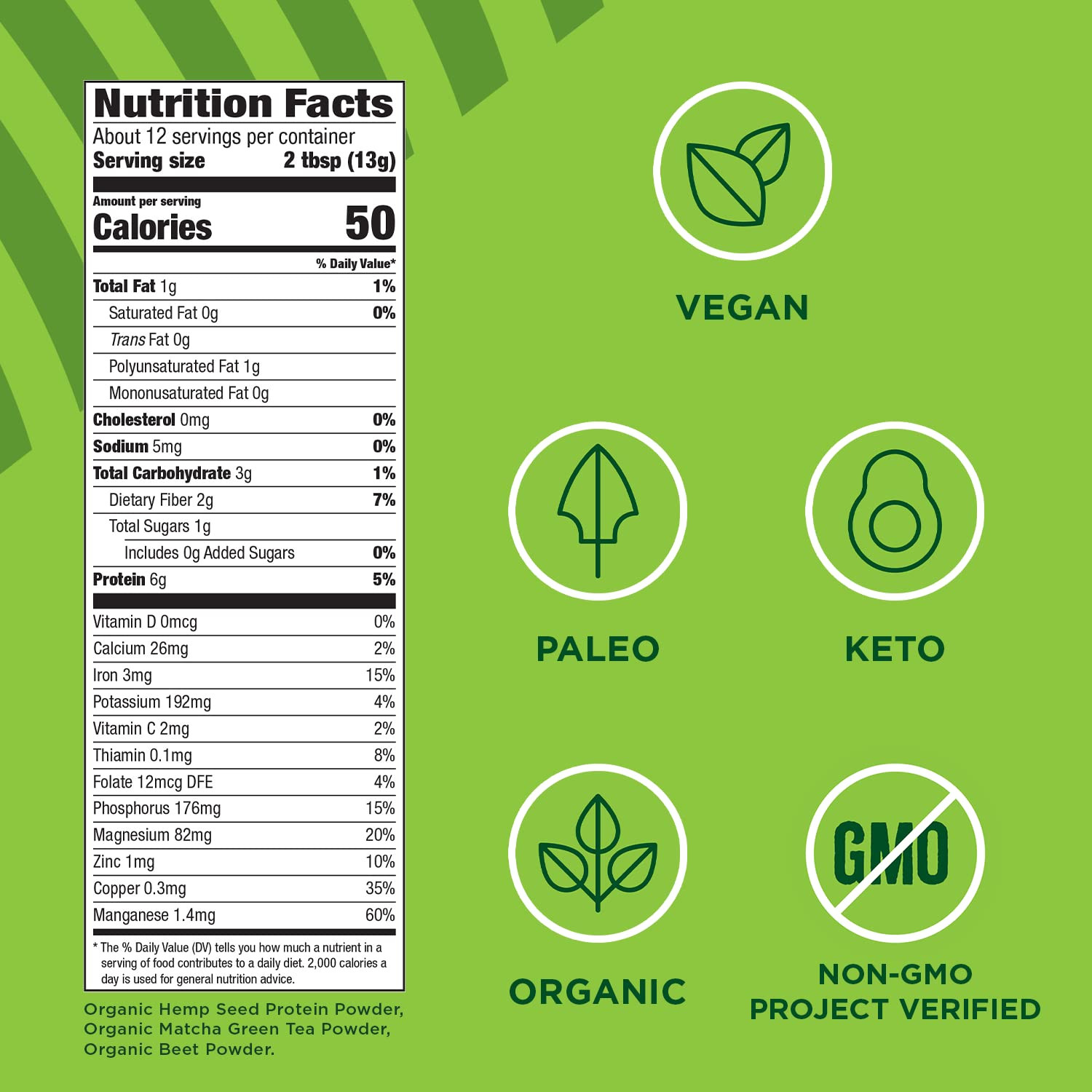 Organic Hemp & Matcha Powder, 5.5 Oz, Energy, 6G of Protein, 2G of Fiber per Ser