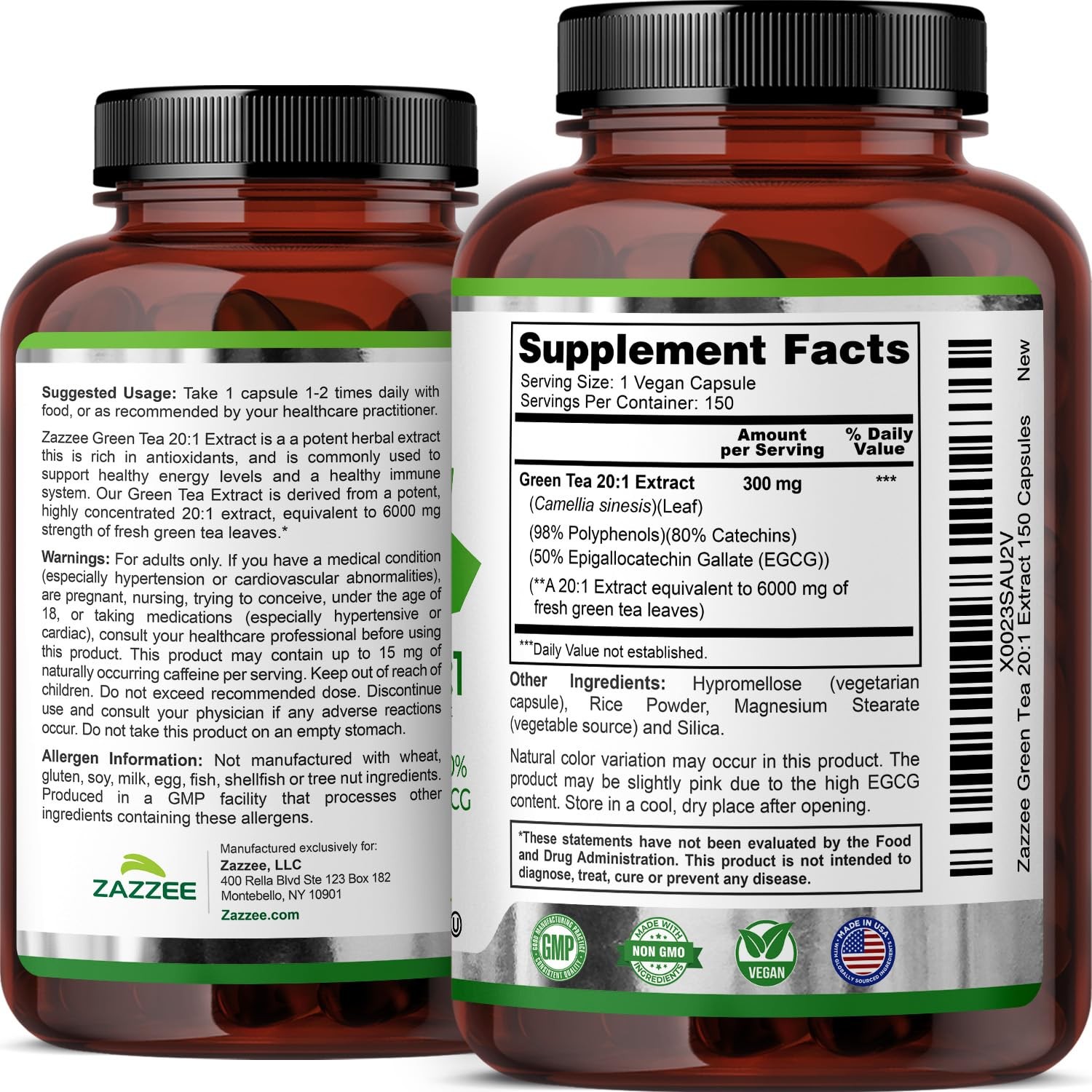 Zazzee Extra Strength Green Tea 20:1 Extract, 50% EGCG, 150 Count (Pack of 1)