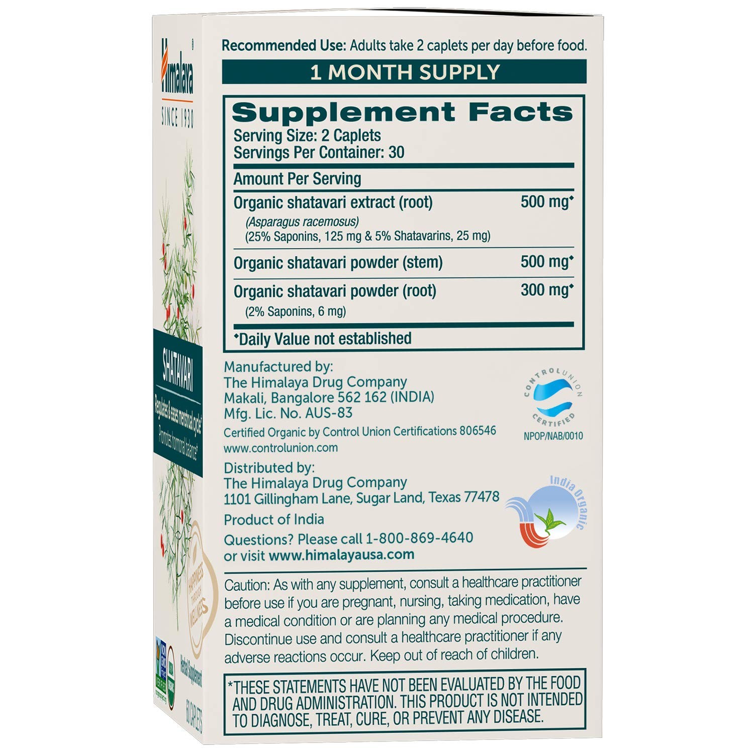 Himalaya USDA Organic Shatavari Capsules – 60 Count (Pack of 1), Multicolour