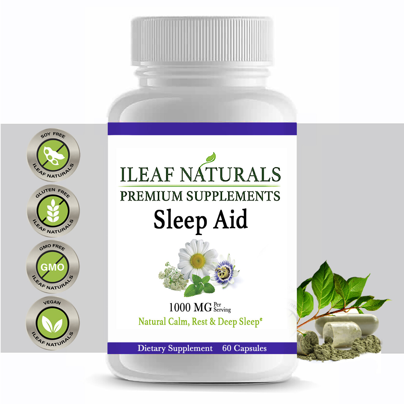 iLeafNaturals Sleep Aid – Synergistic Mix – 1000 MG – 60 Veggie Capsules