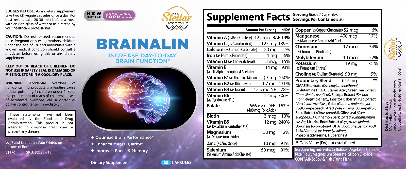 5 Pack Brainalin, promotes mental clarity & cognitive functions-60 Capsules x5