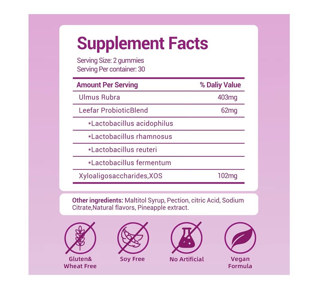 Leefar Women’s Probiotic Slippery Elm 60 Pineapple Gummies Vegan Gluten-Free