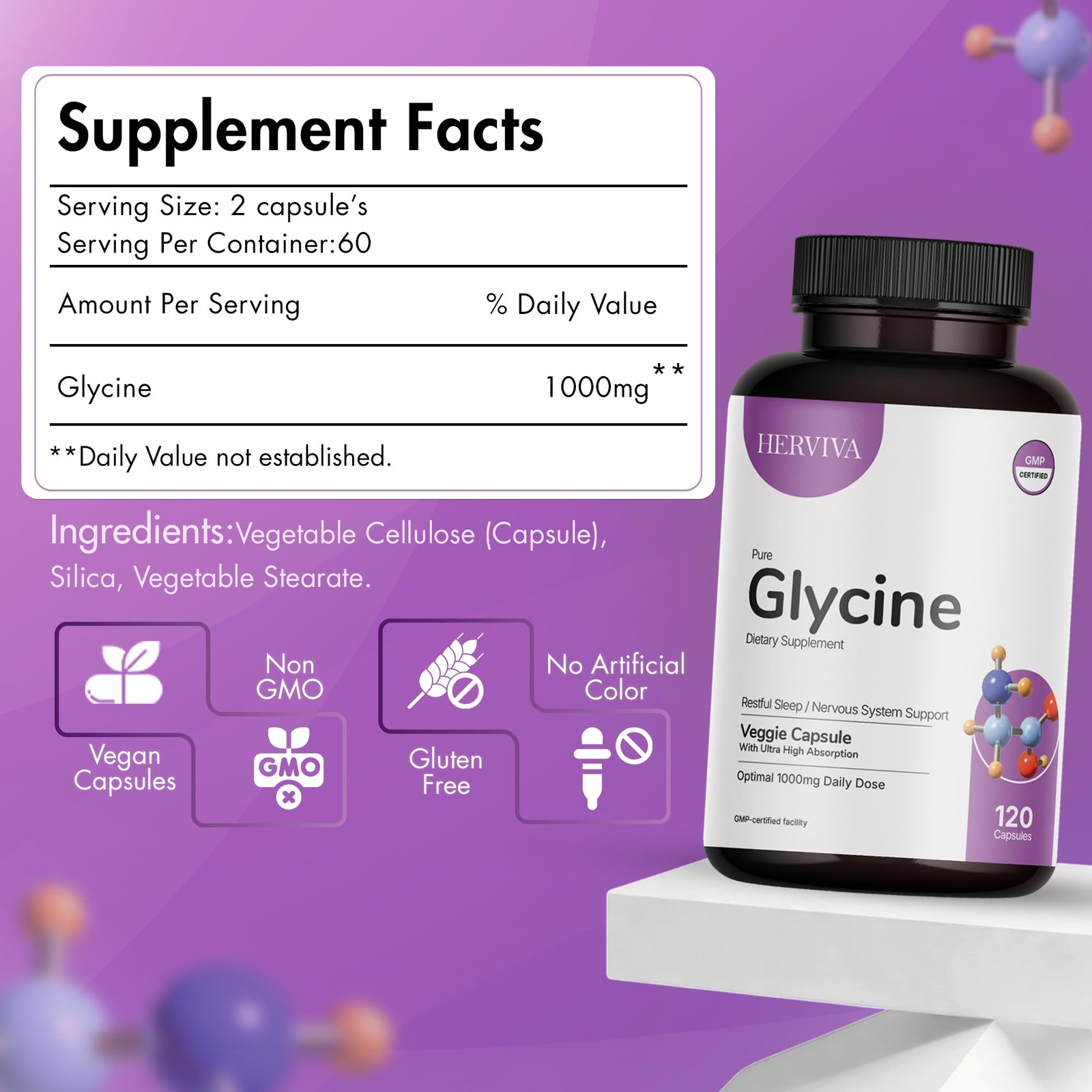 HERVIVA Glycine Supplement 1000 mg per Serving (2 120 Count (Pack of 1)