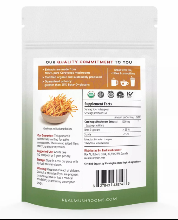 2 PACK Real Mushrooms Organic Cordyceps Mushroom Extract Powder Peak Vegan NEW