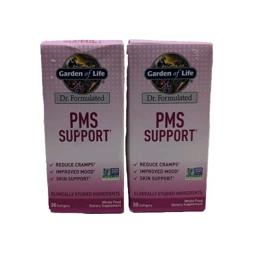(2) Garden of Life PMS Support Reduce Cramps Mood, 30 Softgels Each. Exp 01/2026