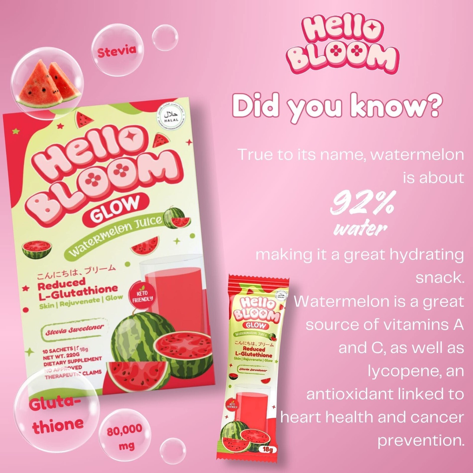 Hello BLOOM GLOW Watermelon Juice – Reduced L-Glutathione Drink (18g x 10 Sachet
