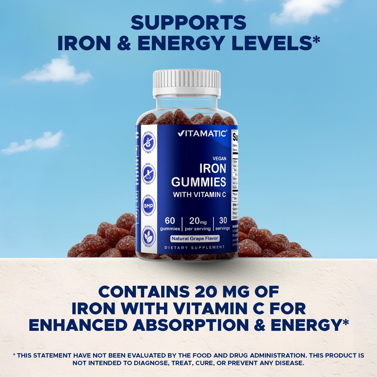Vitamatic Iron Gummies Supplement – 20mg Serving – 60 Vegan Gummies pack of 3
