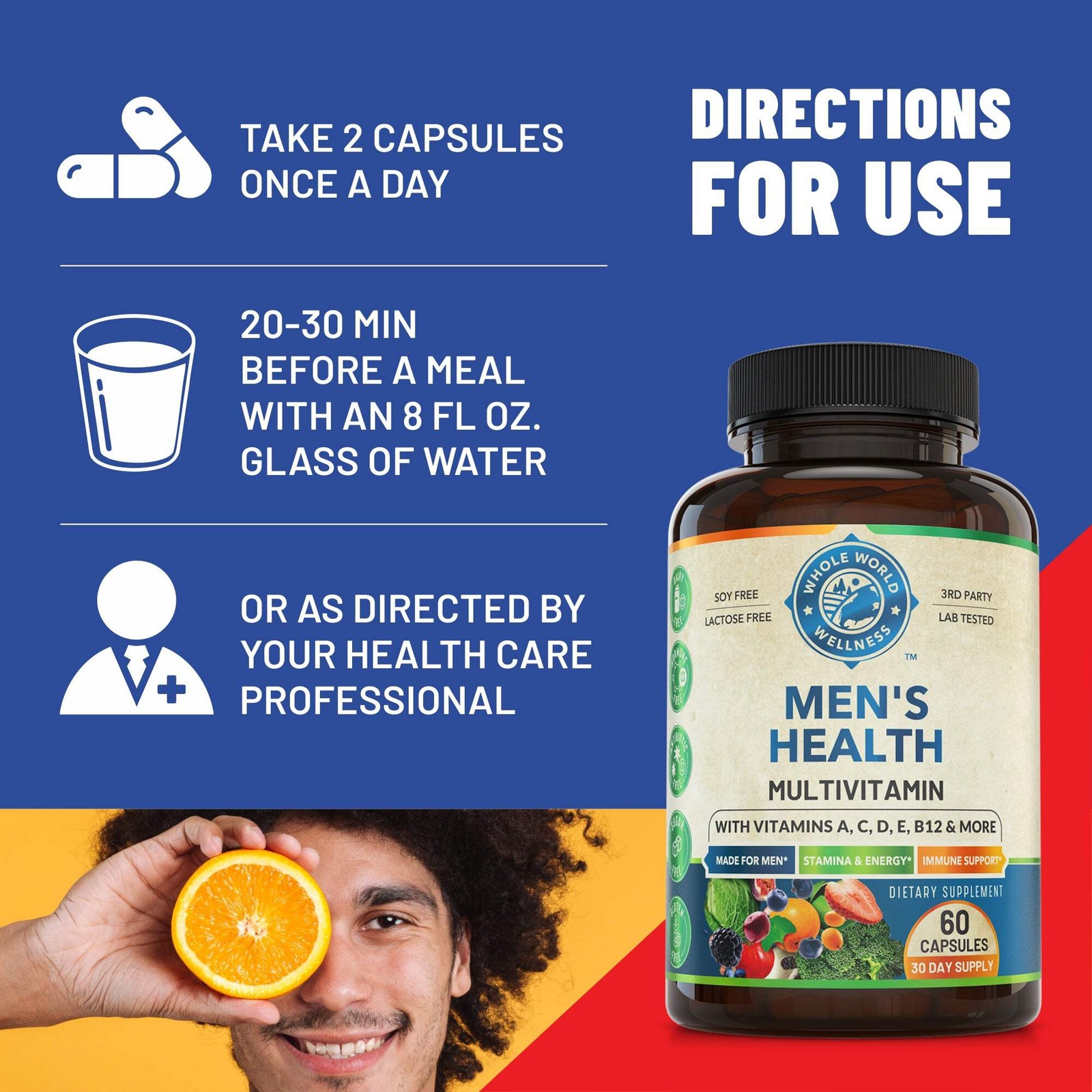 WHOLE WORLD WELLNESS Men’s Multivitamin & Multimineral Supplement. USA Made.