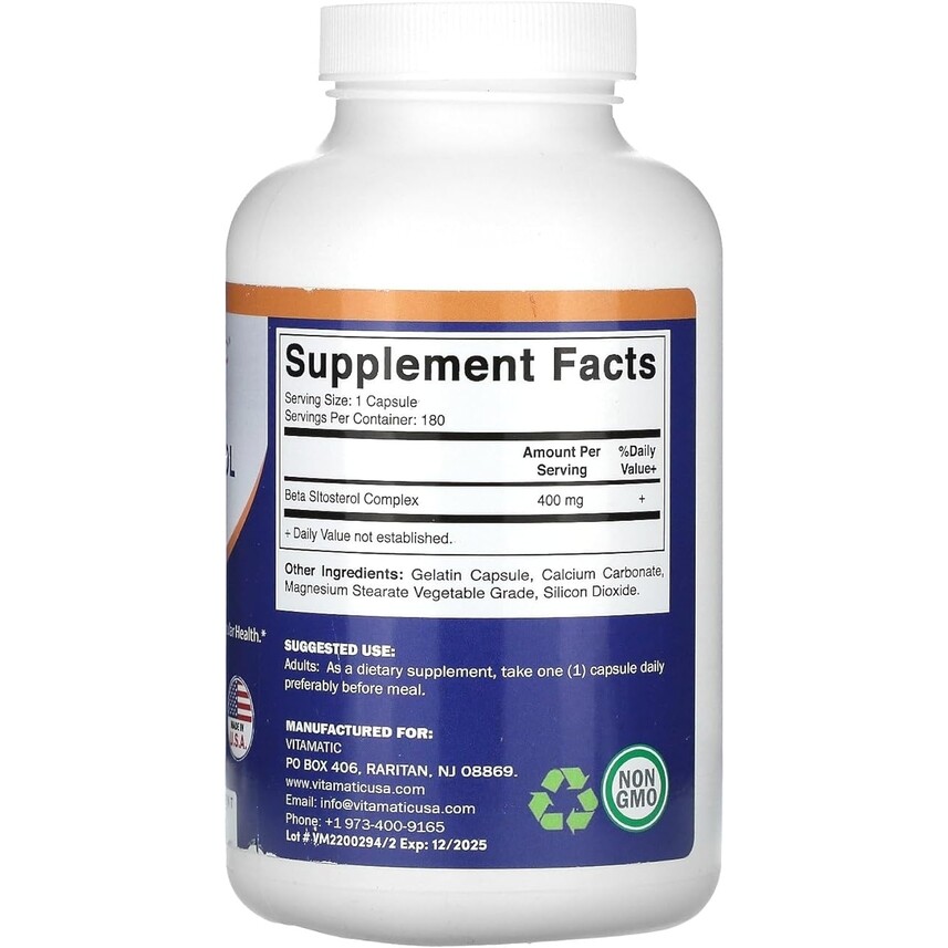 Vitamatic Beta Sitosterol 400mg 180 Caps Non GMO/No Gluten