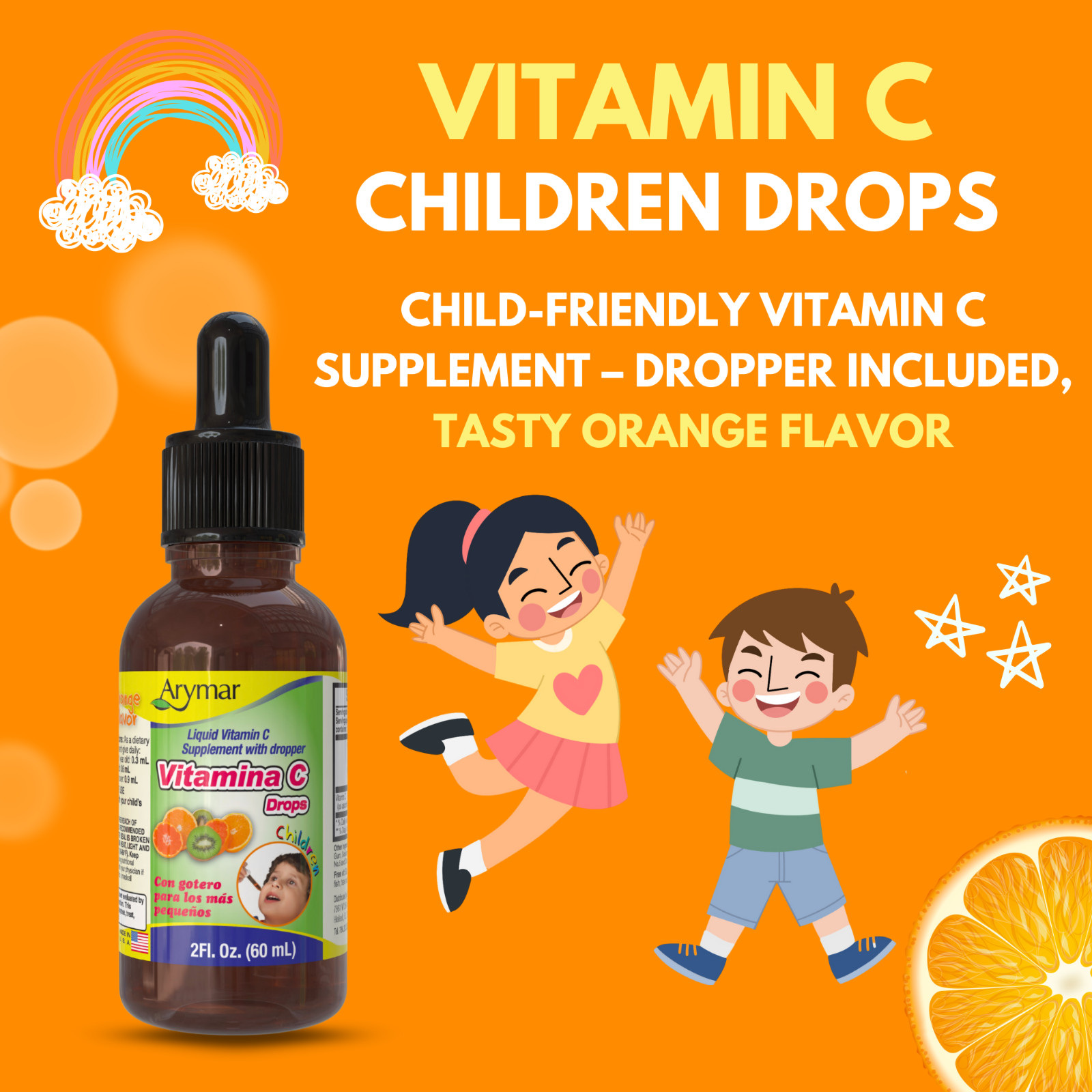 Arymar Kids’ Vitamin C Drops 2 Fl Oz, Tangy Orange Flavor, Vegan, Made in USA