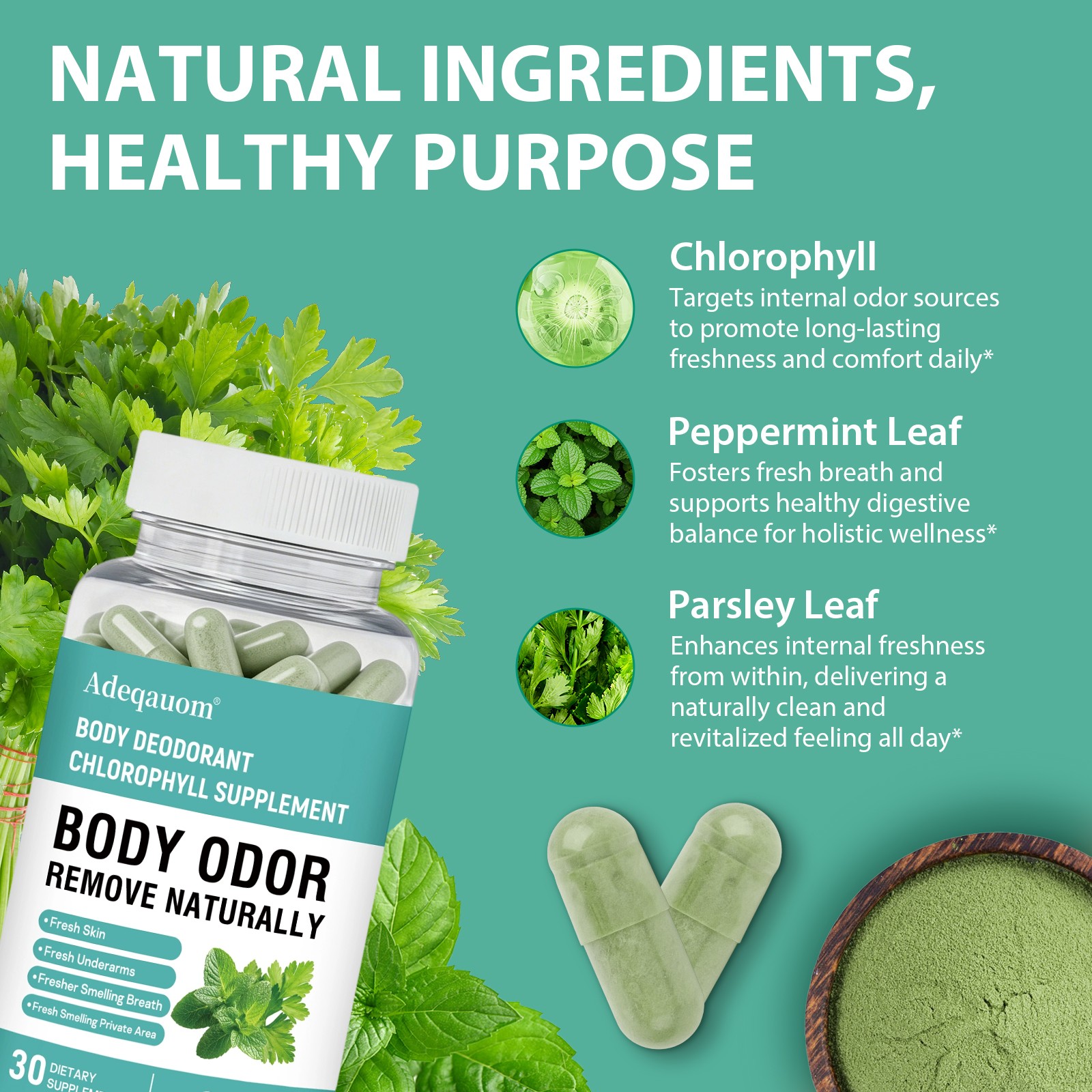 Chlorophyll Internal Deodorant Capsules,Full-Body Odor Control 30 Vegan Capsules
