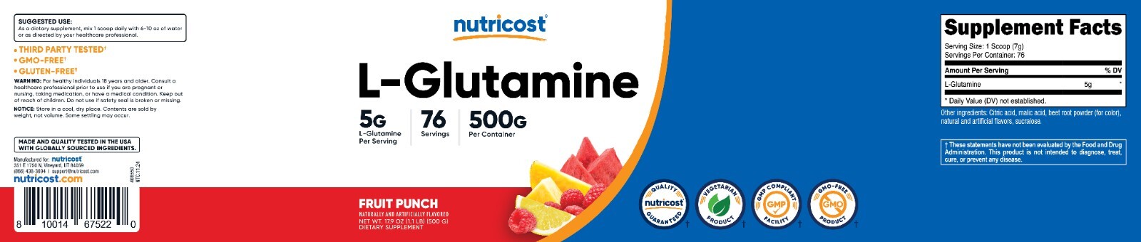 Nutricost L-Glutamine Powder (500G) (Fruit Punch)