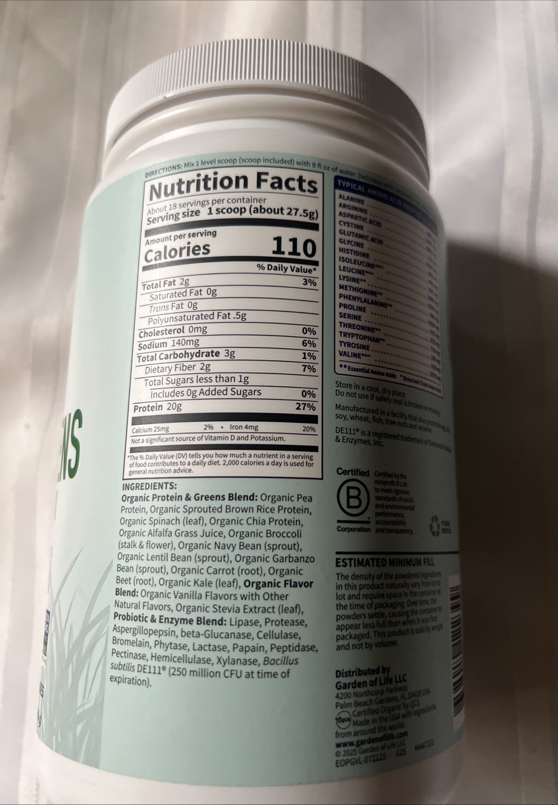 Garden of Life Organic Vegan Protein + Greens Plant Based Shake Vanilla 17.4 oz