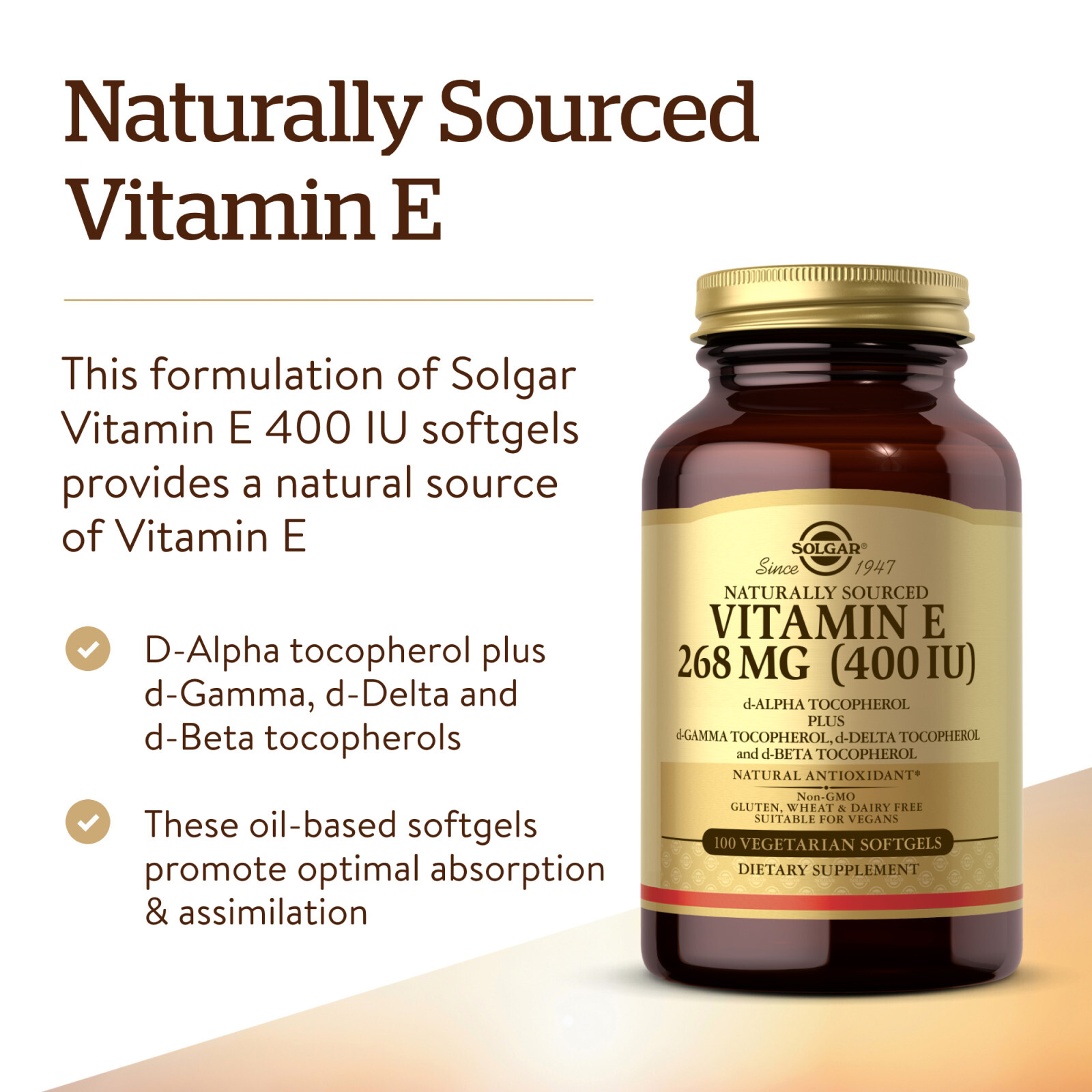 Solgar Vitamin E 268 mg (400 IU) Vegan (d-Alpha Tocopherol & Mixed Tocopherols)