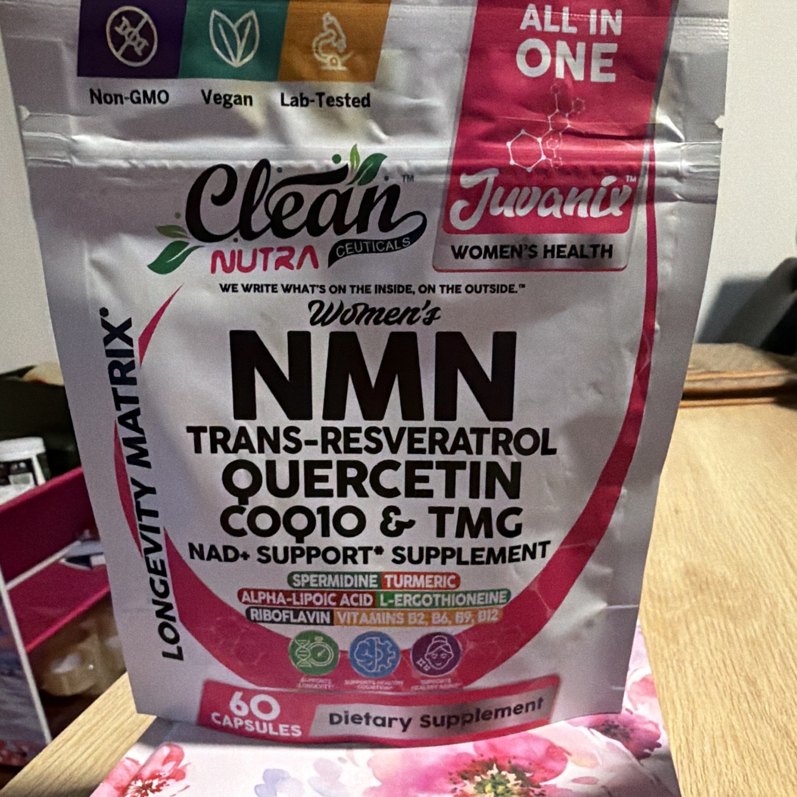 Clean Nutra Juvanix NMN Resveratrol Quercetin CoQ10 TMG 60ct Vegan Exp 03/2028