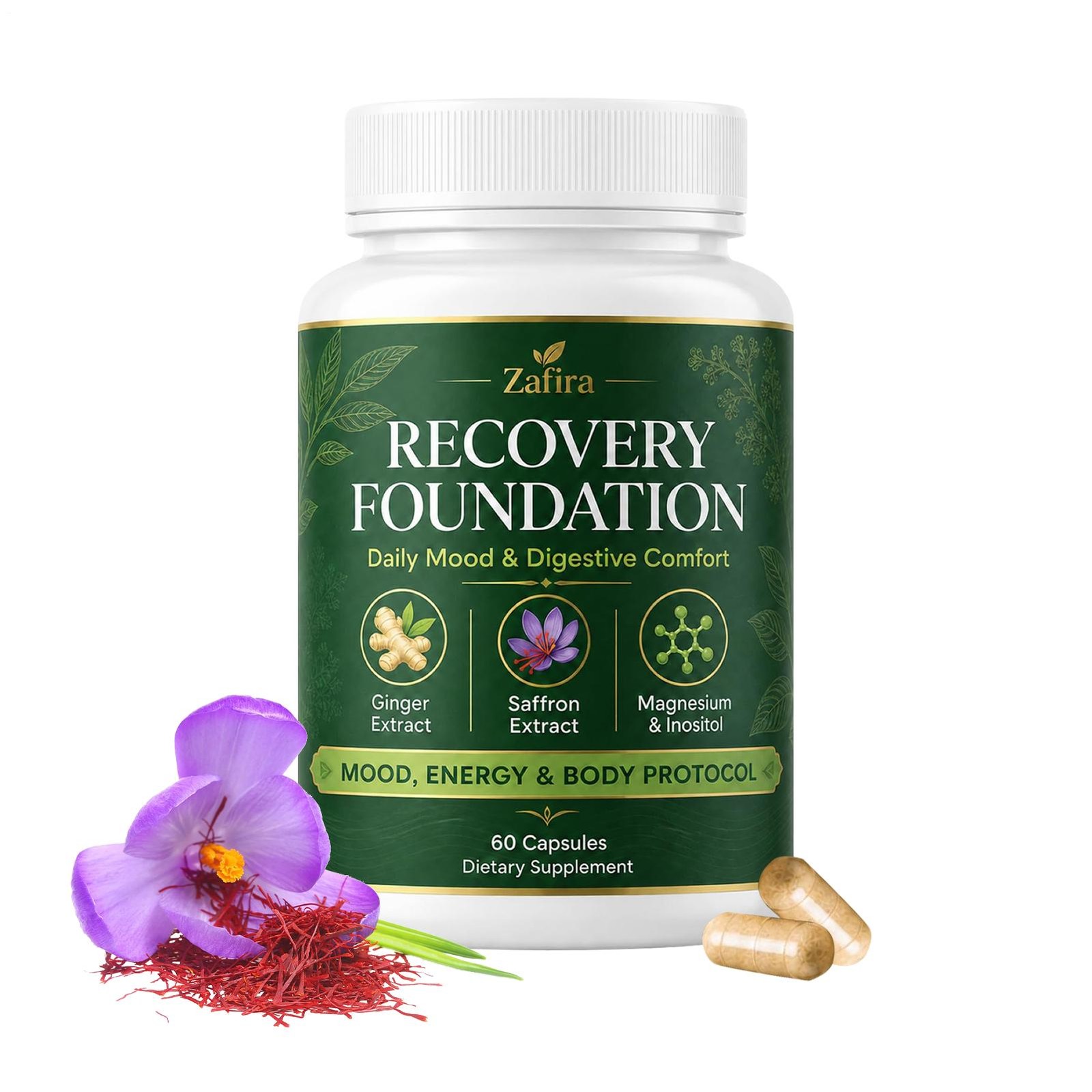 Zafira Recovery Foundation Capsules, Mood & Digestive Support With Saffron 60ct