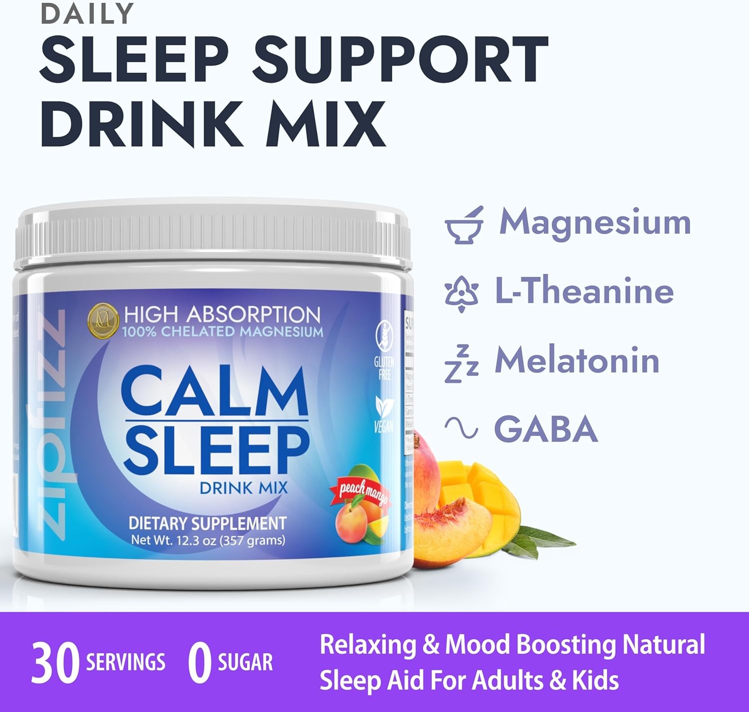 Sleep Supplement Powder Peach Mango 30-60 Servings Magnesium Melatonin