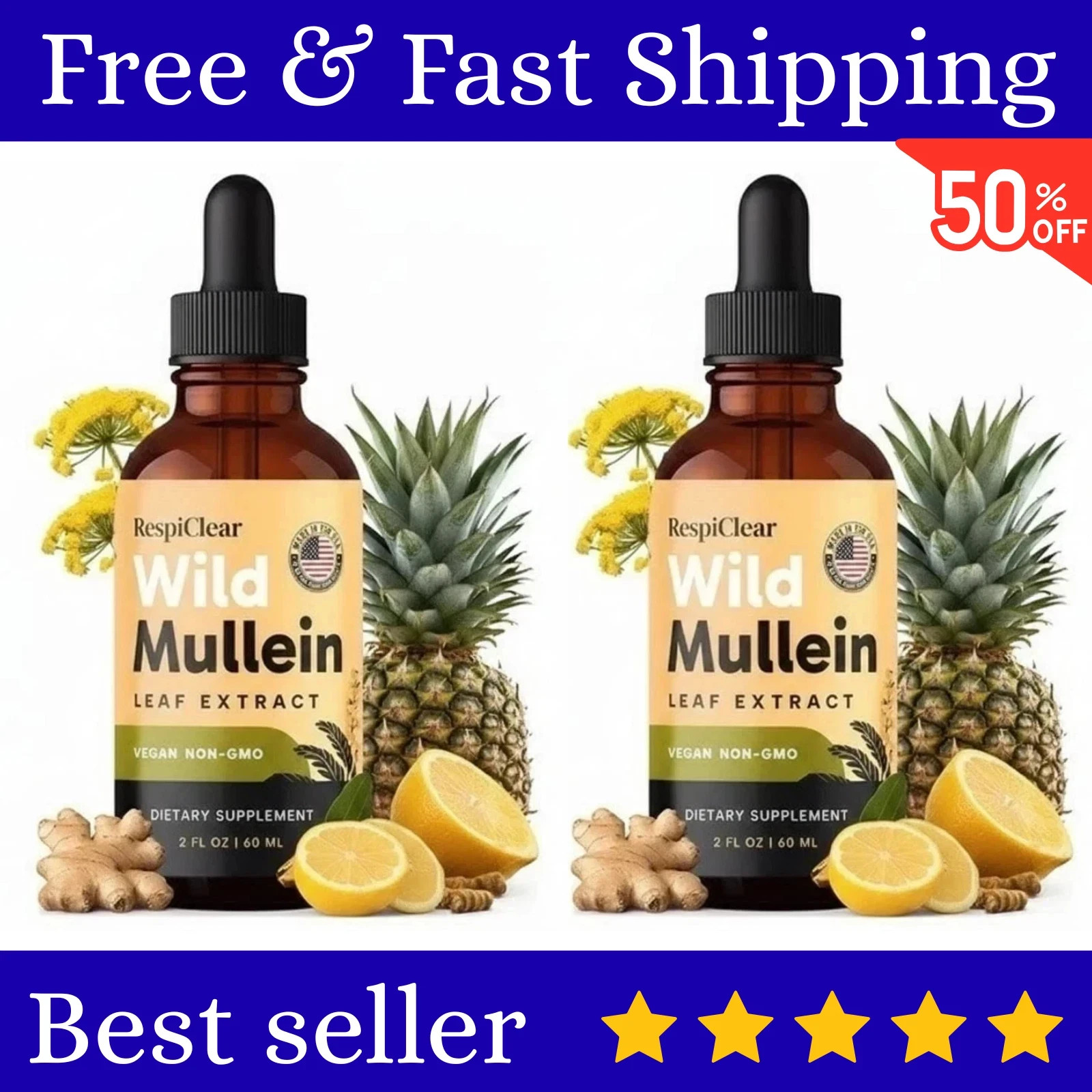 2 Pack RespiClear Wild Mullein Leaf Extract Liquid Drops Vegan Non-GMO Lemon