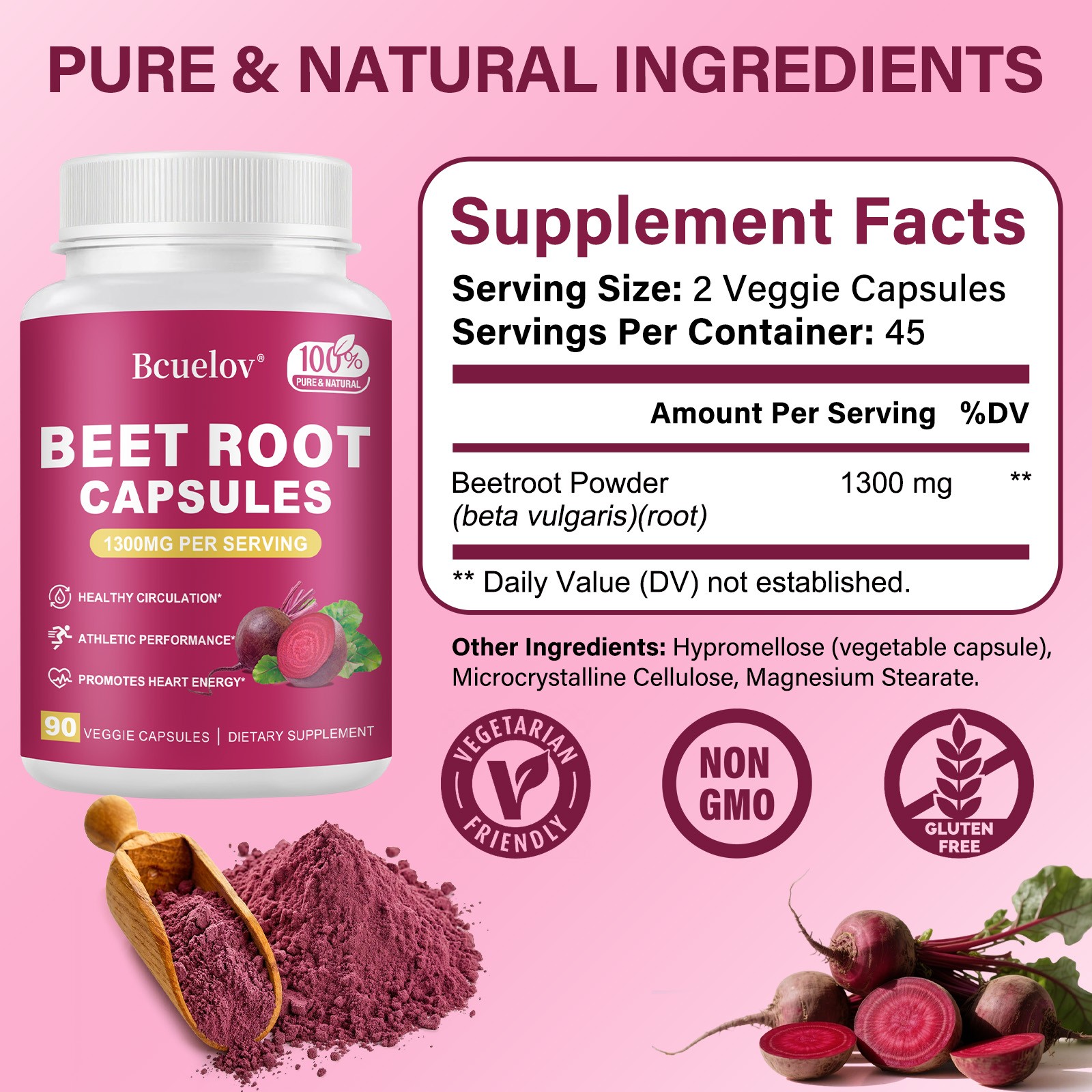 BeetRoot Capsule 1300mg,Support Circulation & Athletic Performance,Vegan 90 Caps