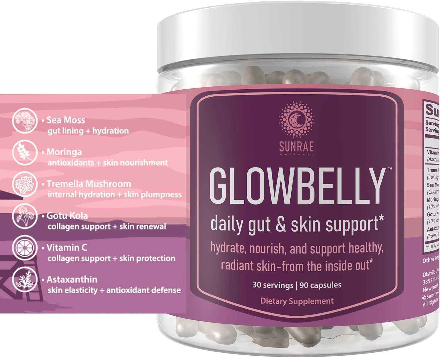 Sunrae Glowbelly Gut & Skin Support 90 Capsules Vitamin C Sea Moss Gluten Free