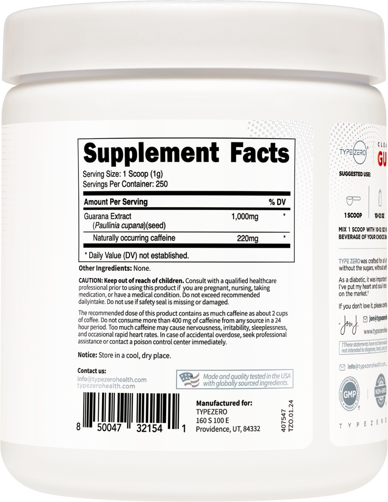 Type Zero Clean Guarana Powder Drink Mix (250 Servings, Unflavored)