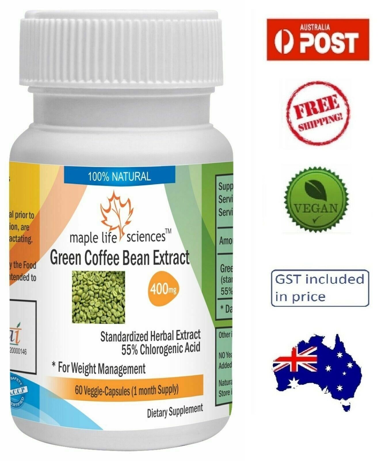 Green Coffee Bean Extract Capsules (55% Chlorogenic Acid) – 400mg – AU Stock