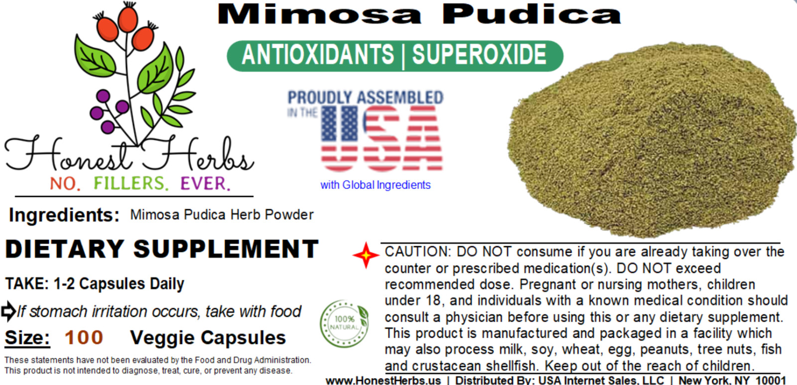 Mimosa Pudica Seed Veggie Caps – Antioxidants – No Filers – 500mg, 100 Caps