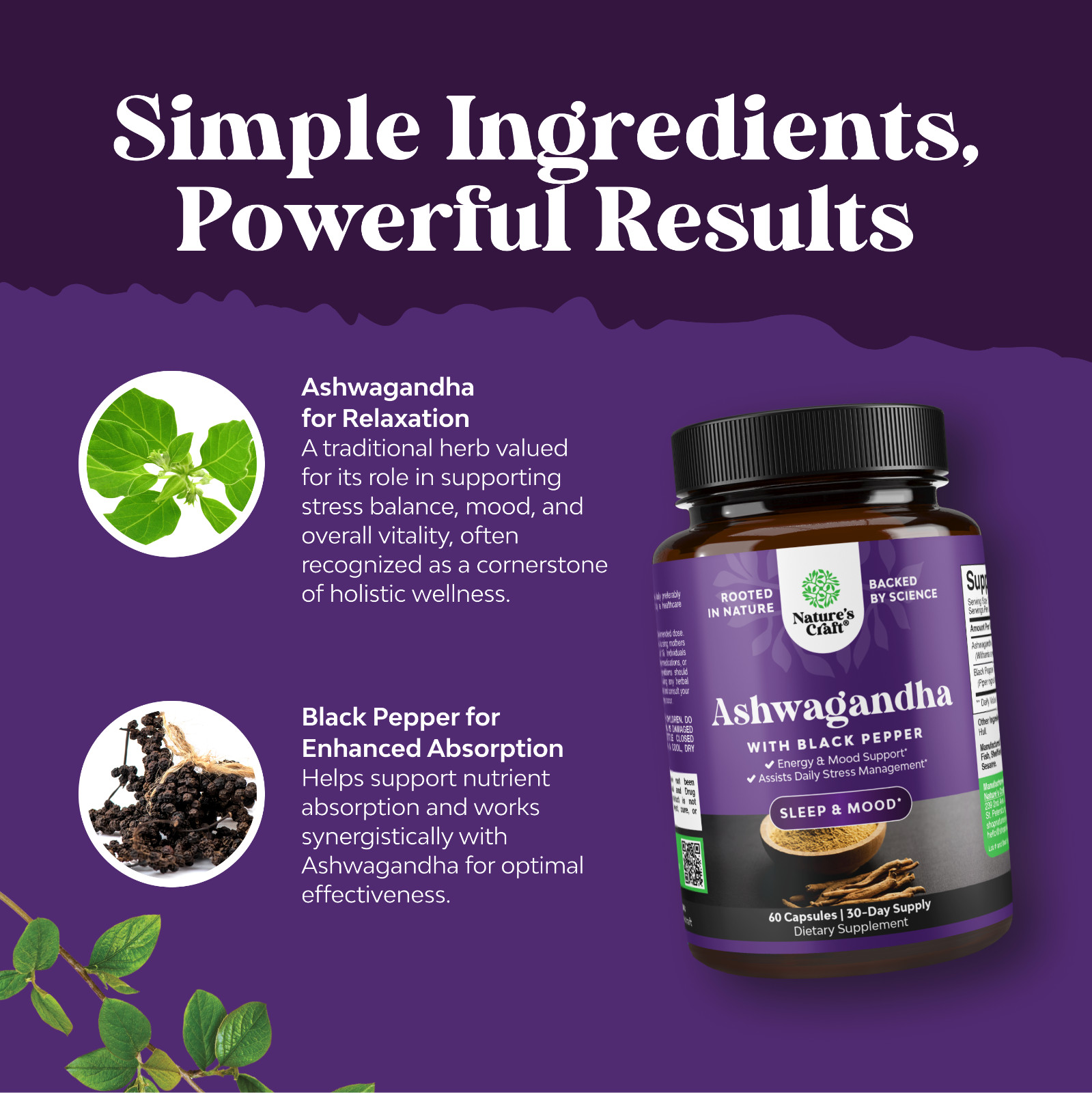 Best Ashwagandha Root Powder Capsules 1300mg Per Serving – Relaxation Sleep 60ct