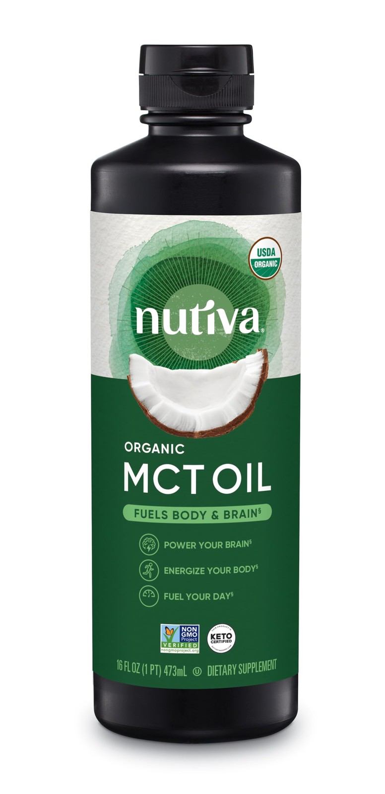 Nutiva Organic MCT Oil, Kosher, Keto Friendly, 16 Fl Oz (Pack of 1), Clear
