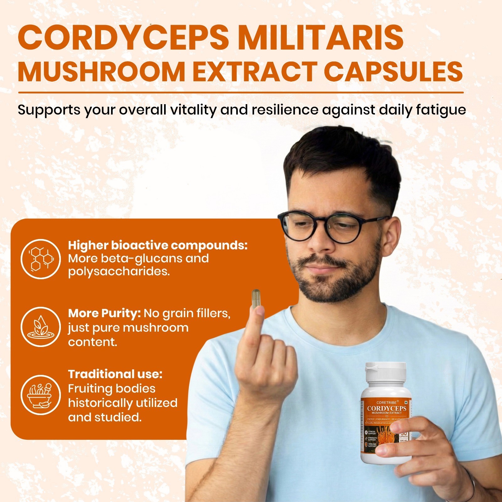 Coretribe® Cordyceps Militaris Mushroom 30 Capsules Strength,Focus, Superfood