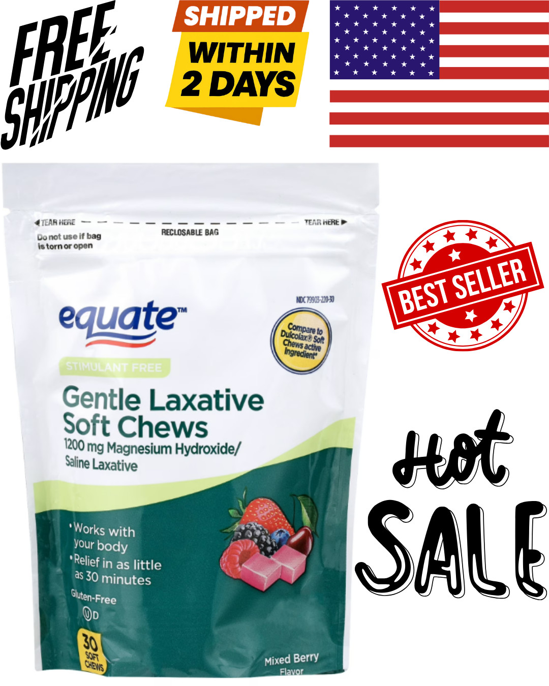 Equate Gentle Laxative Soft Chews 30 Ct Mixed Berry Digestive Support