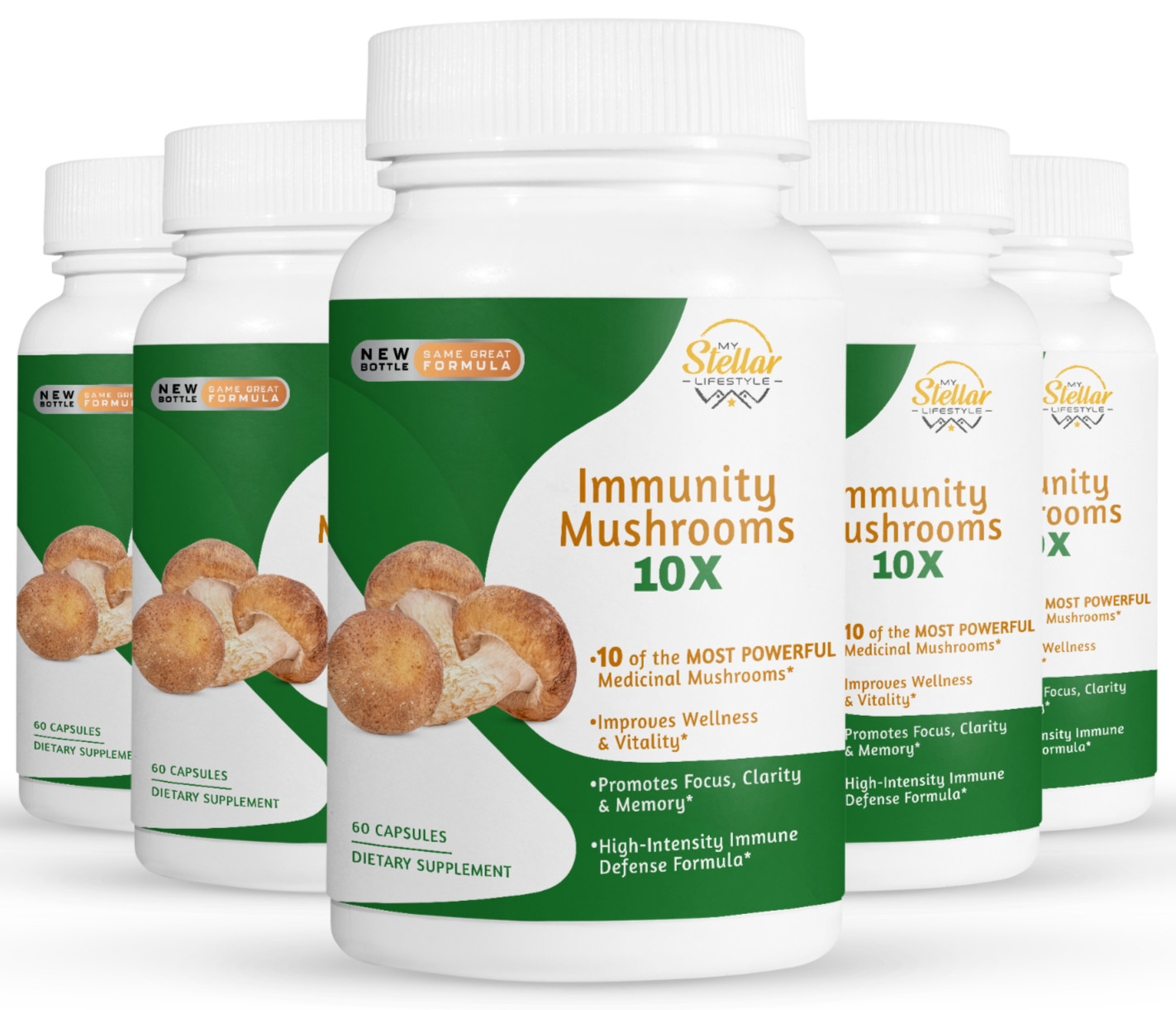 5 Pack Immunity Mushrooms 10X, promueve el enfoque y la memoria-60 Cápsulas x5